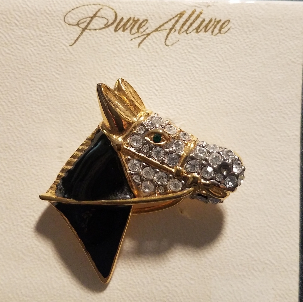 Black Horse Pin with crystals,  golden, Brand New